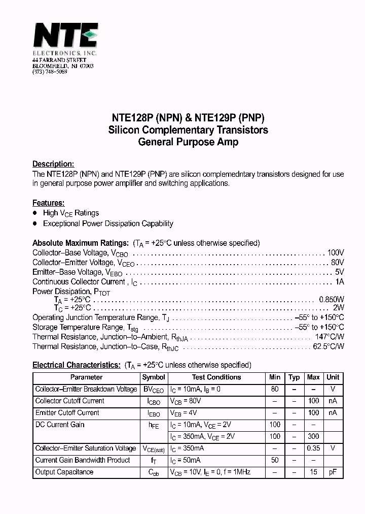 NTE128P_1290063.PDF Datasheet