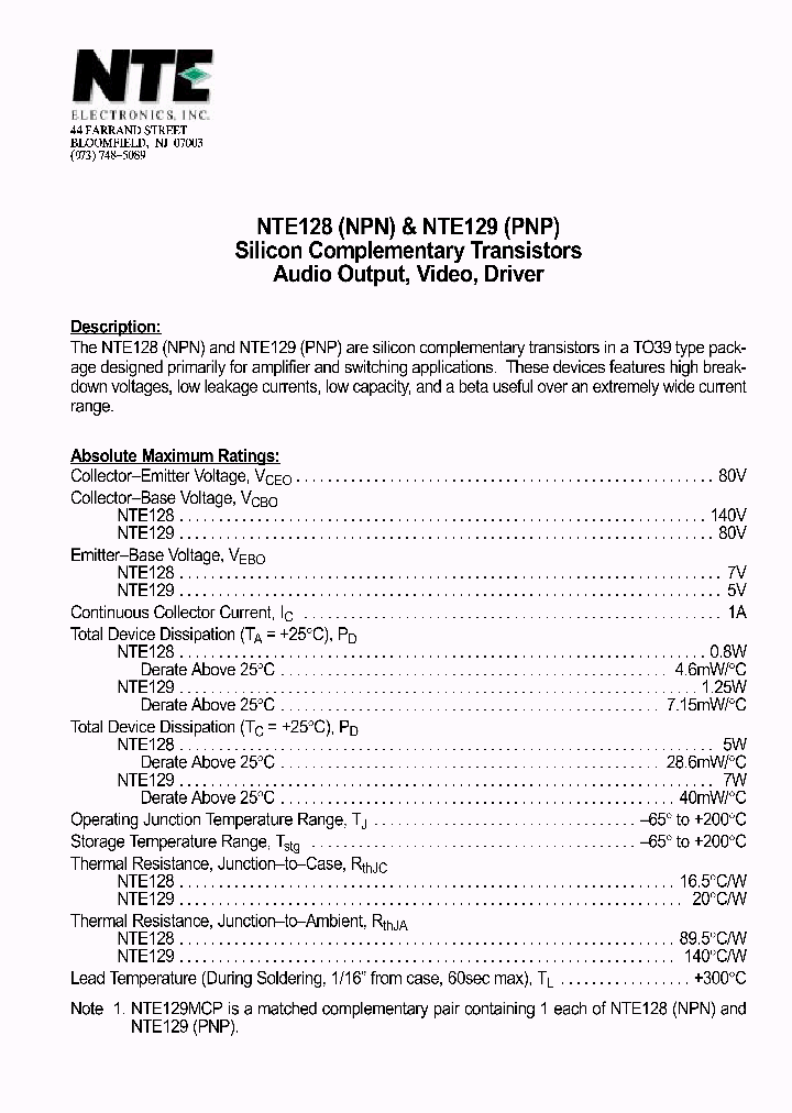 NTE129_1290064.PDF Datasheet