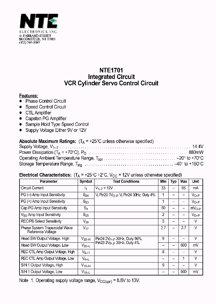 NTE1701_1290259.PDF Datasheet