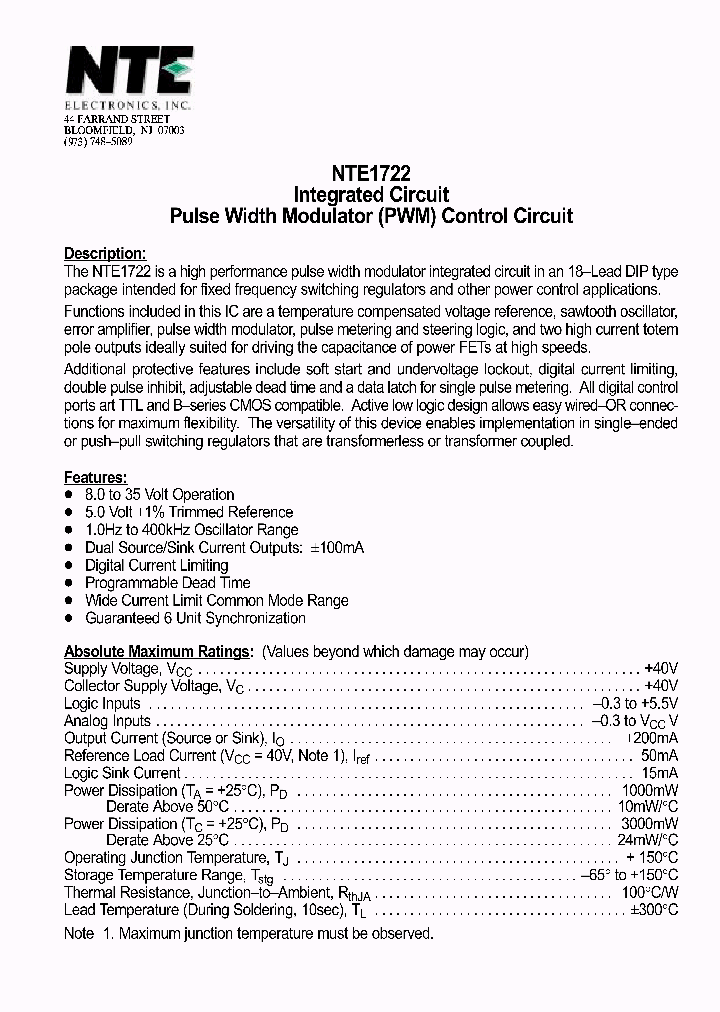 NTE1722_1290277.PDF Datasheet