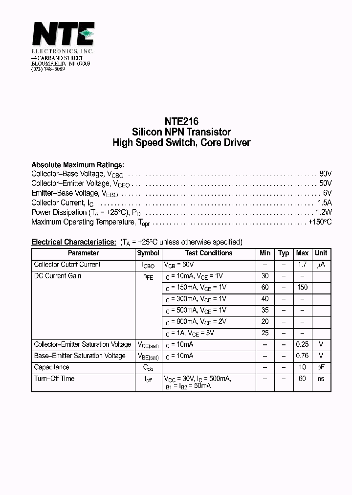 NTE216_1290492.PDF Datasheet