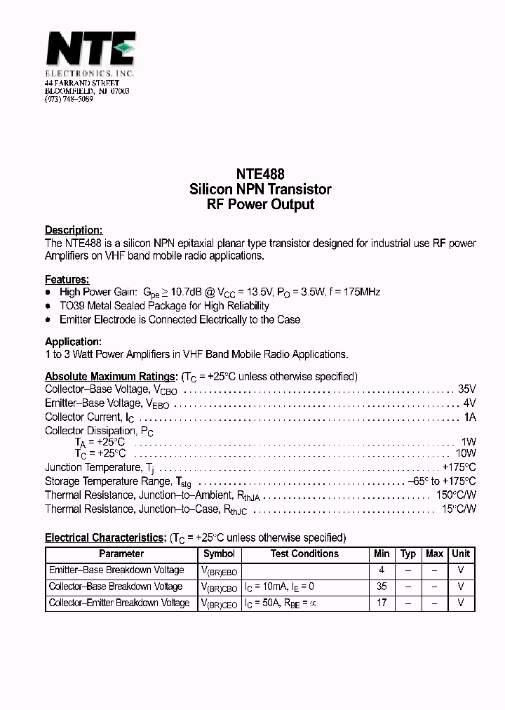 NTE488_1290924.PDF Datasheet