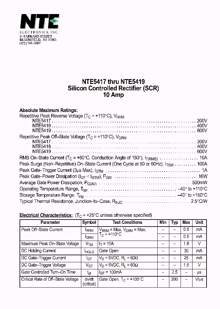 NTE5419_1290969.PDF Datasheet