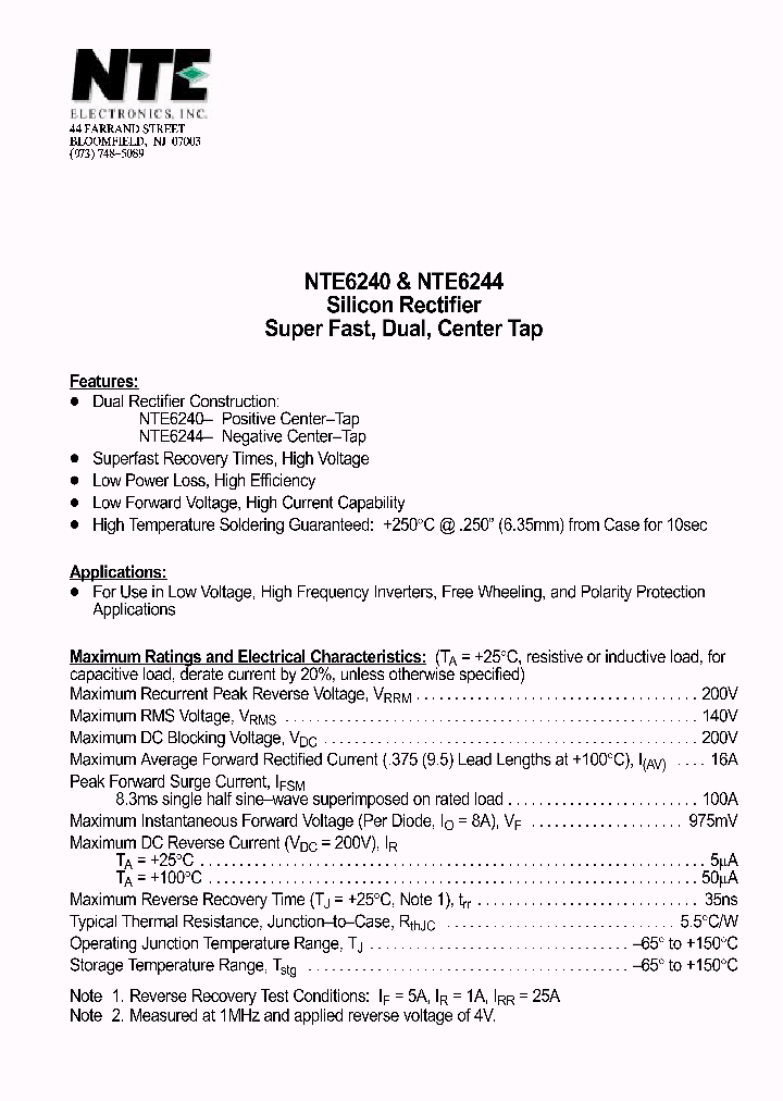 NTE6244_1291142.PDF Datasheet