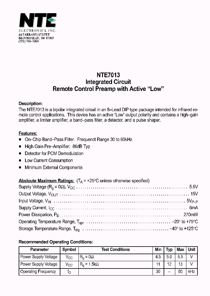 NTE7013_1291183.PDF Datasheet