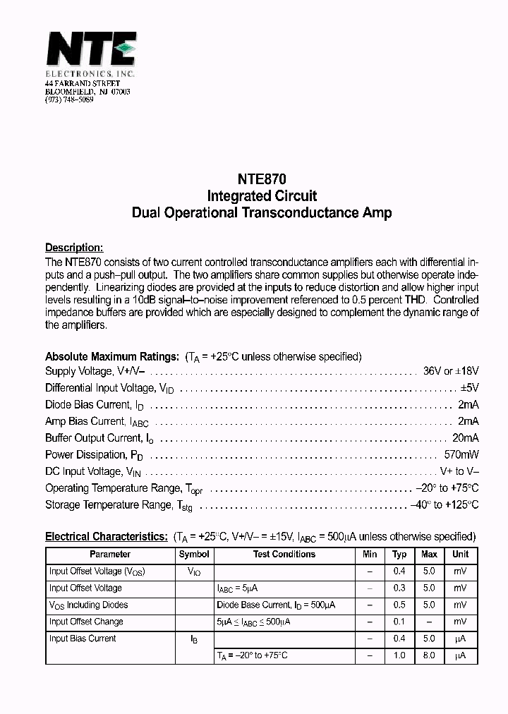 NTE870_1291355.PDF Datasheet