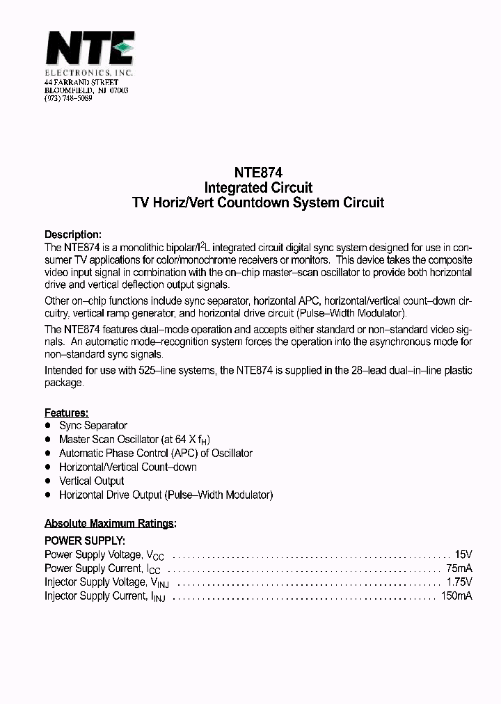 NTE874_1291357.PDF Datasheet