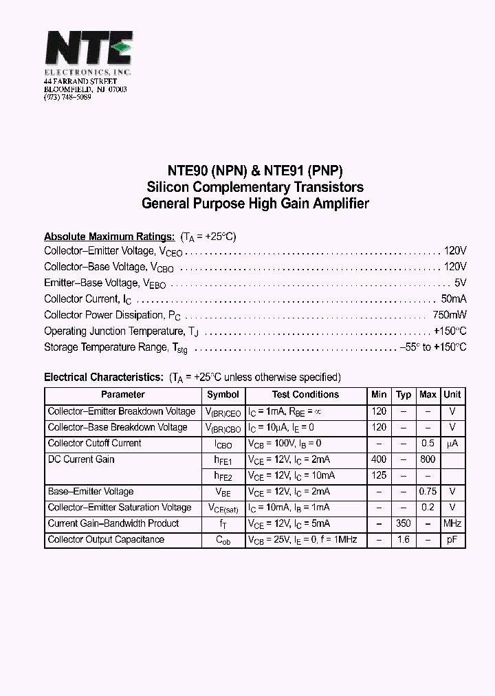 NTE91_1291376.PDF Datasheet