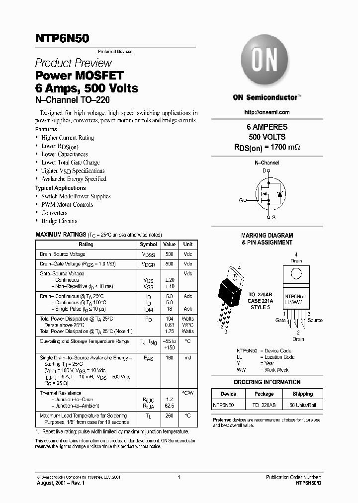 NTP6N50_1291534.PDF Datasheet