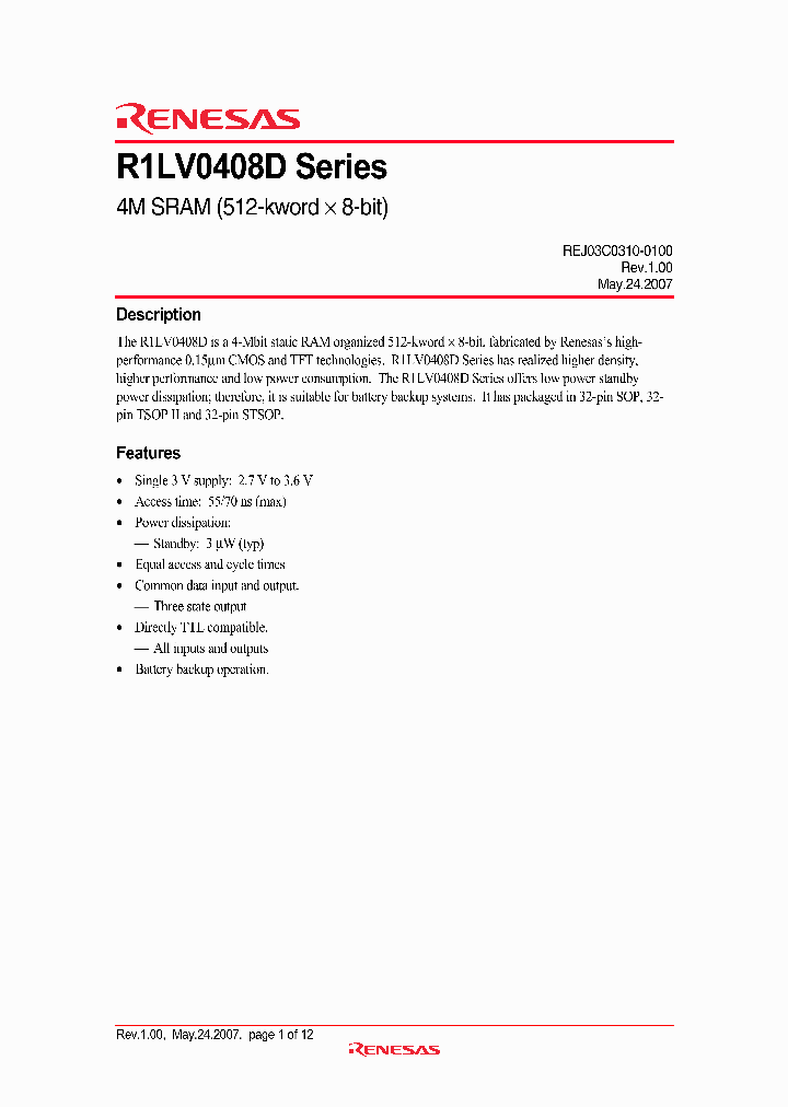 R1LV0408DSP-7LR_1300287.PDF Datasheet