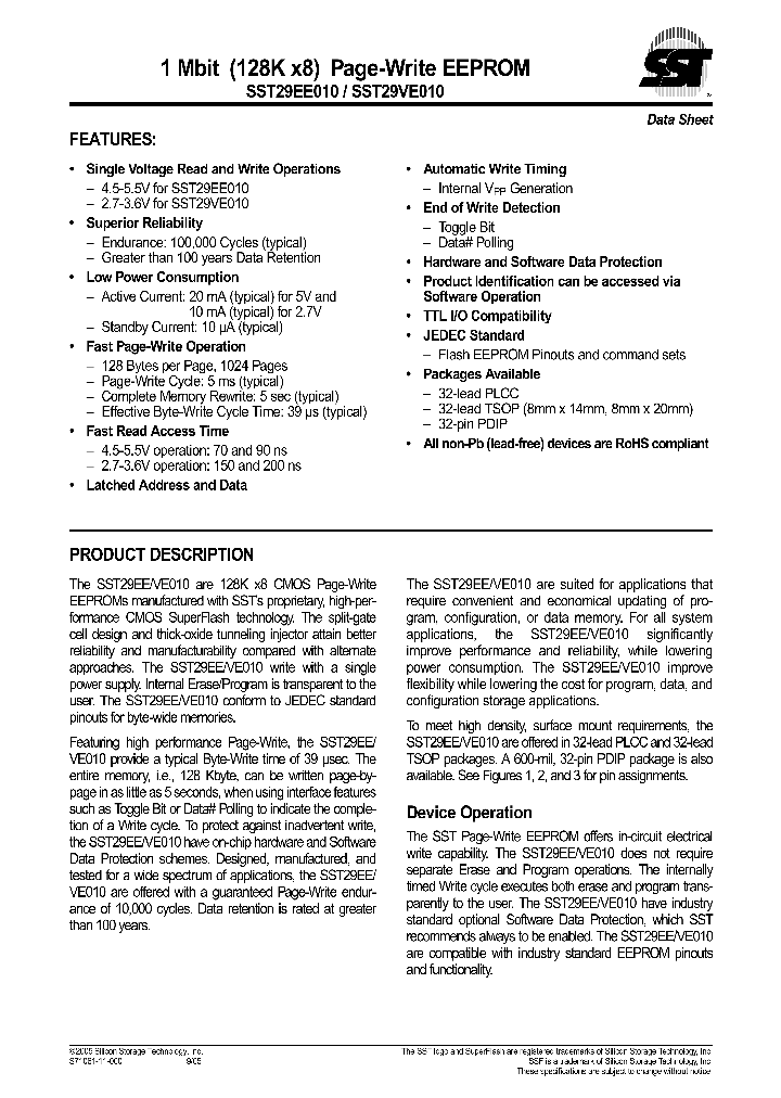 SST29VE010-200-4I-WHE_1317001.PDF Datasheet
