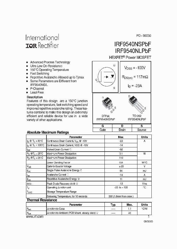 IRF9540NSPBF_4122285.PDF Datasheet