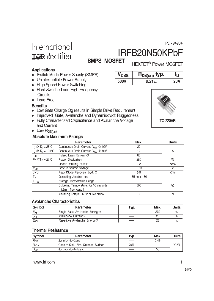 IRFB20N50KPBF_4130645.PDF Datasheet
