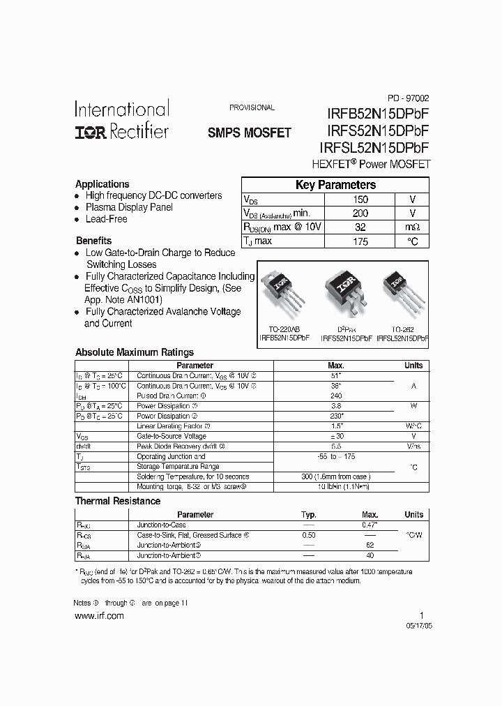 IRFS52N15DPBF_4146623.PDF Datasheet