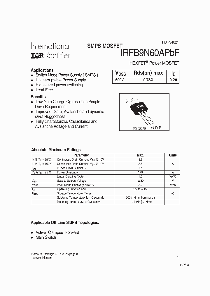 IRFB9N60APBF_4165139.PDF Datasheet
