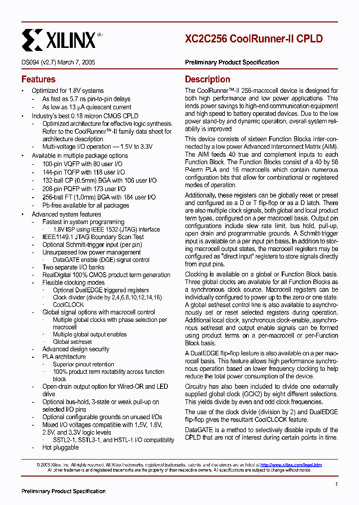 XC2C256-7TQG144C_4111144.PDF Datasheet