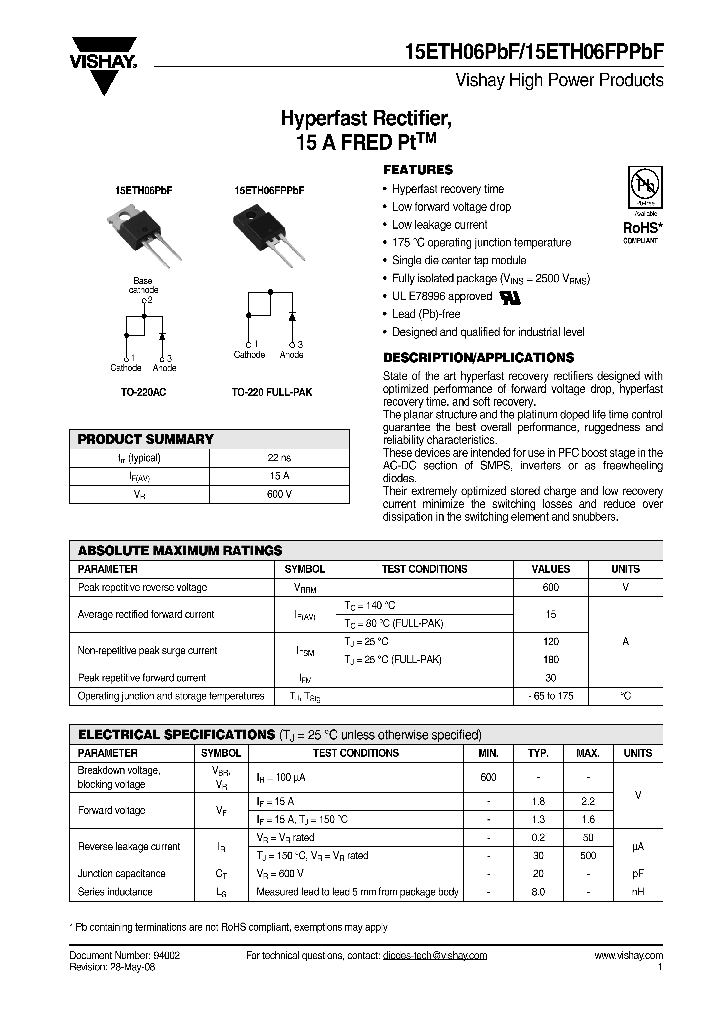 15ETH06FPPBF_4415883.PDF Datasheet