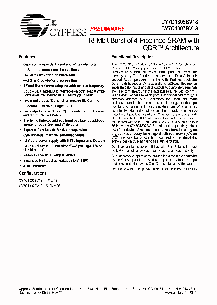 CY7C1305BV18-100BZC_4298296.PDF Datasheet