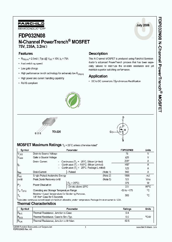 FDP032N08_4240800.PDF Datasheet