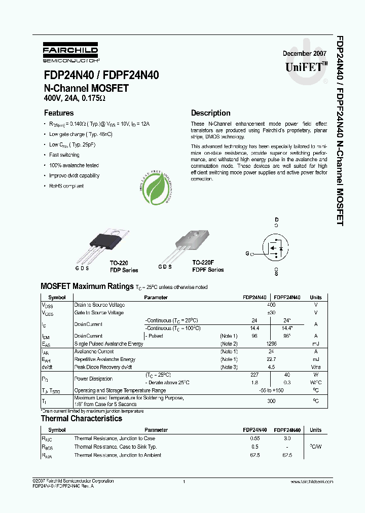 FDP24N40_4260479.PDF Datasheet