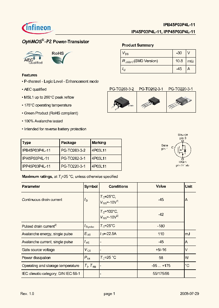 IPB45P03P4L-11_4601691.PDF Datasheet