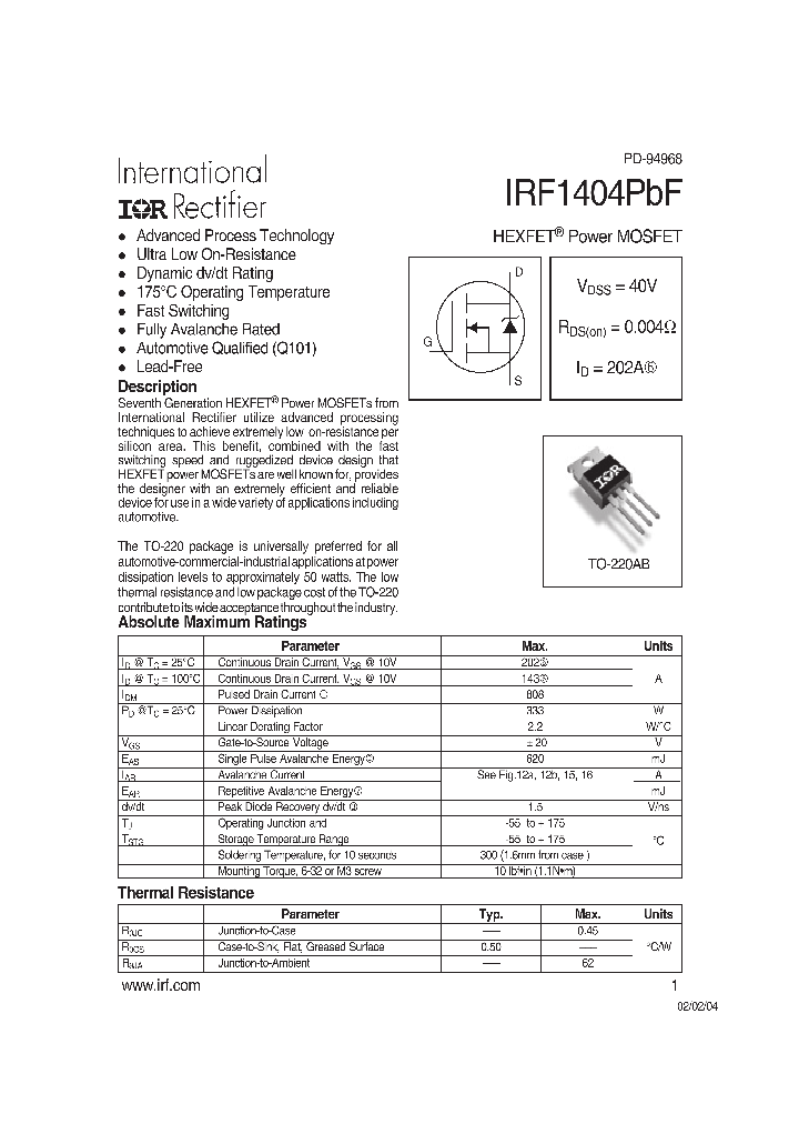 IRF1404PBF_4207659.PDF Datasheet