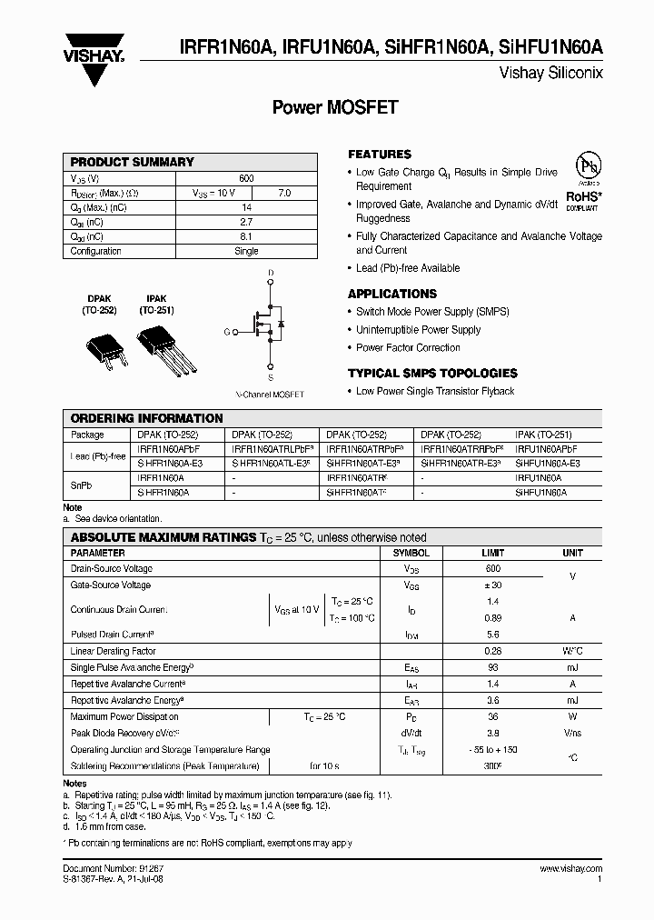 IRFU1N60A_4720550.PDF Datasheet