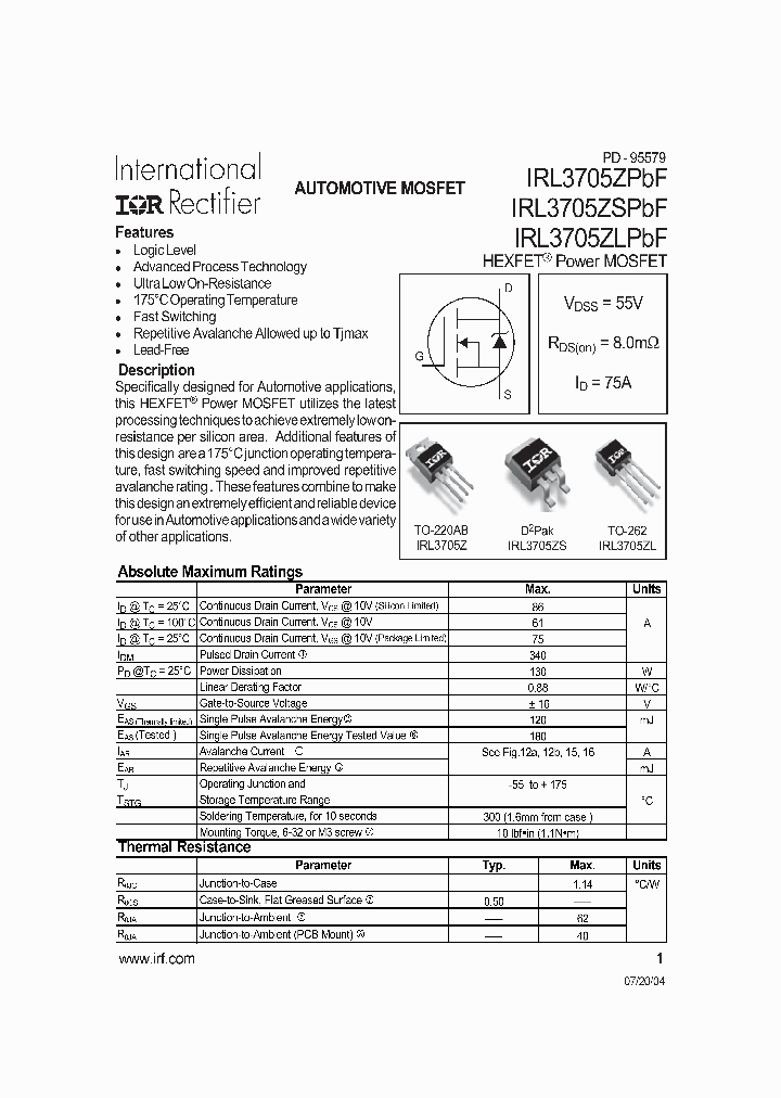 IRL3705ZLPBF_4184769.PDF Datasheet