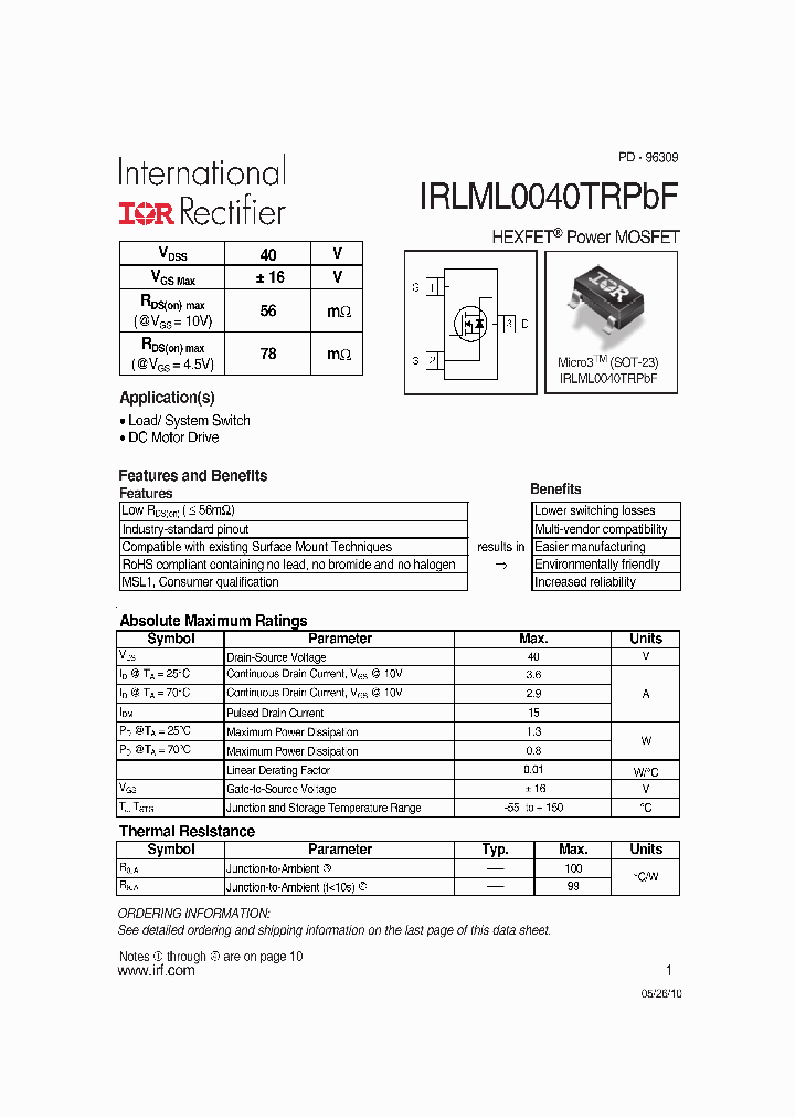 IRLML0040TRPBF_4876279.PDF Datasheet
