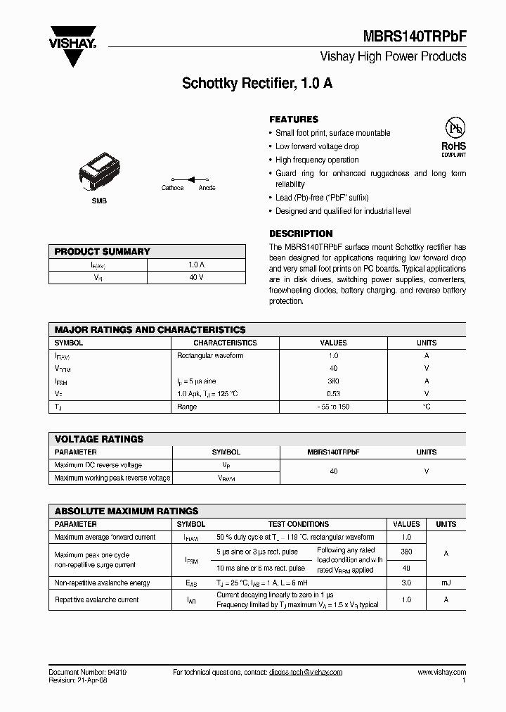 MBRS140TRPBF_4292555.PDF Datasheet