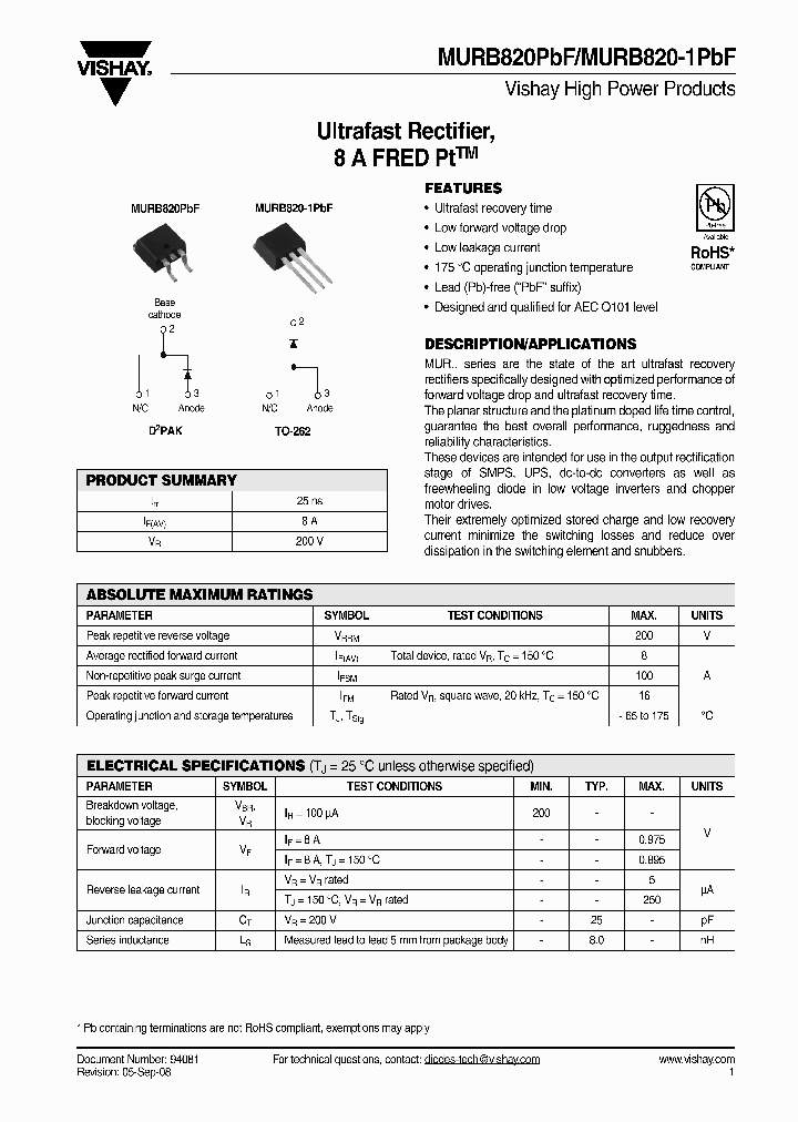 MURB820-1PBF_4277950.PDF Datasheet