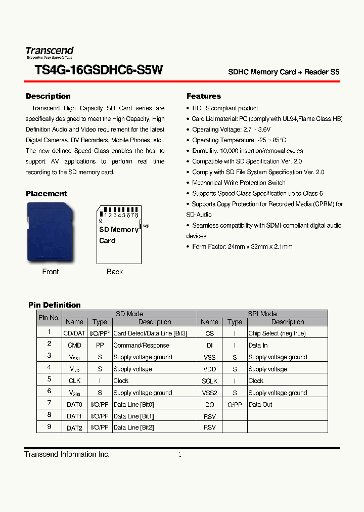 TS4G-16GSDHC6-S5W_4373422.PDF Datasheet