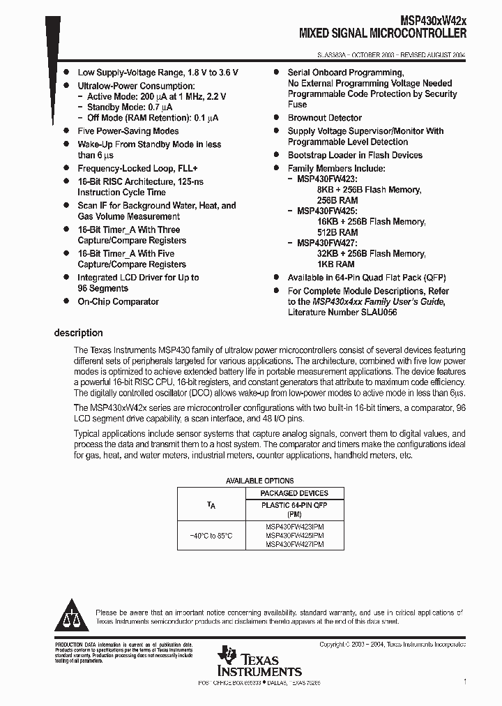 MSP430FW423IPM_992606.PDF Datasheet