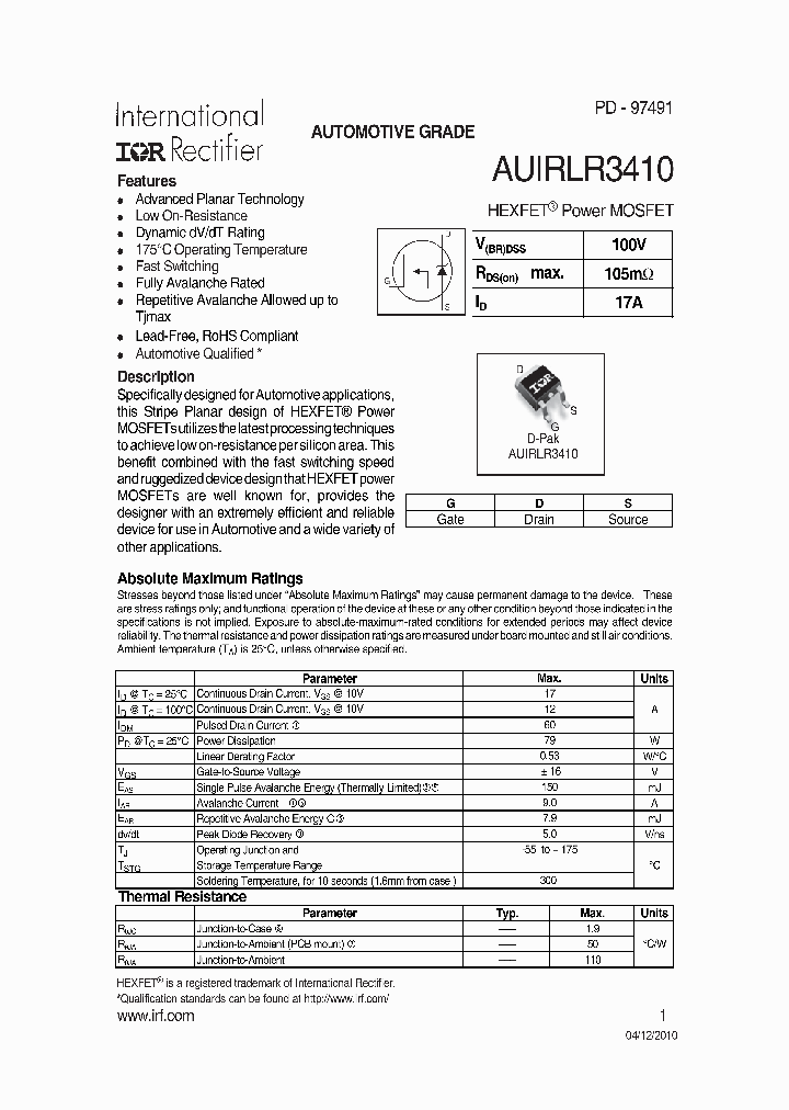 AUIRLR3410_4934091.PDF Datasheet