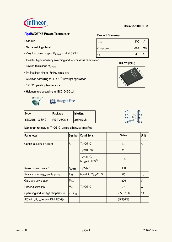 BSC265N10LSFG_4995258.PDF Datasheet