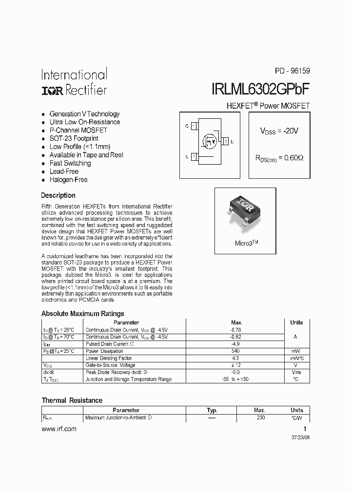 IRLML6302GPBF_5016168.PDF Datasheet
