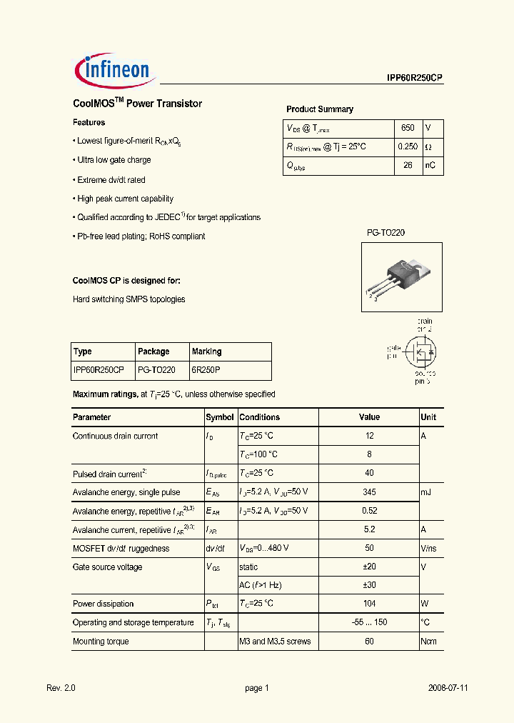 IPP60R250CP_5049719.PDF Datasheet