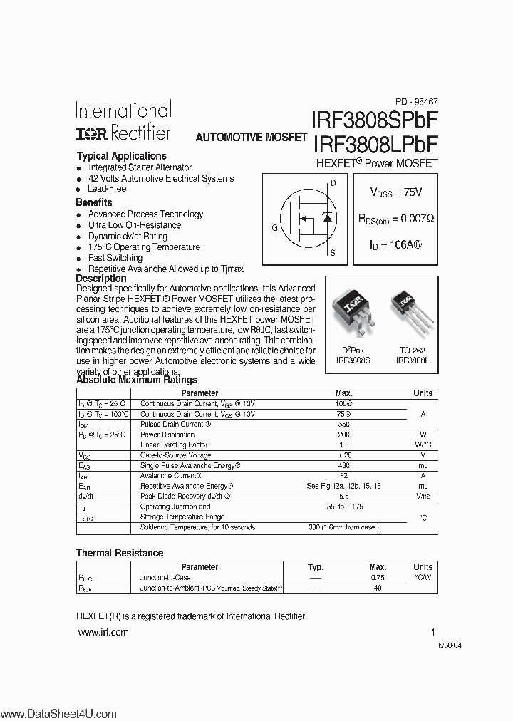 IRF3808LPBF_94259.PDF Datasheet