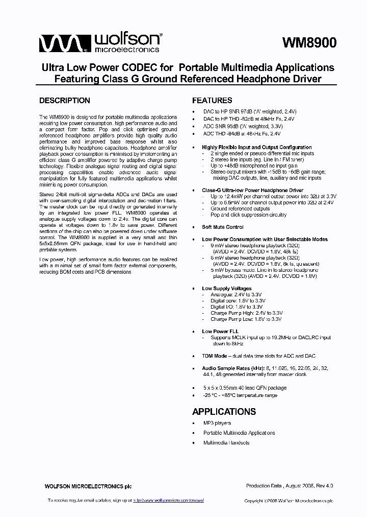 WM8900LGEFKRV_317590.PDF Datasheet
