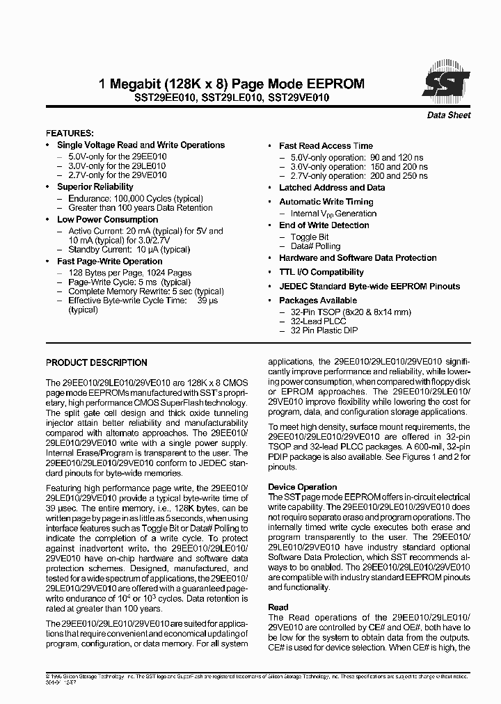 SST29VE010-120-3I-EH_407974.PDF Datasheet