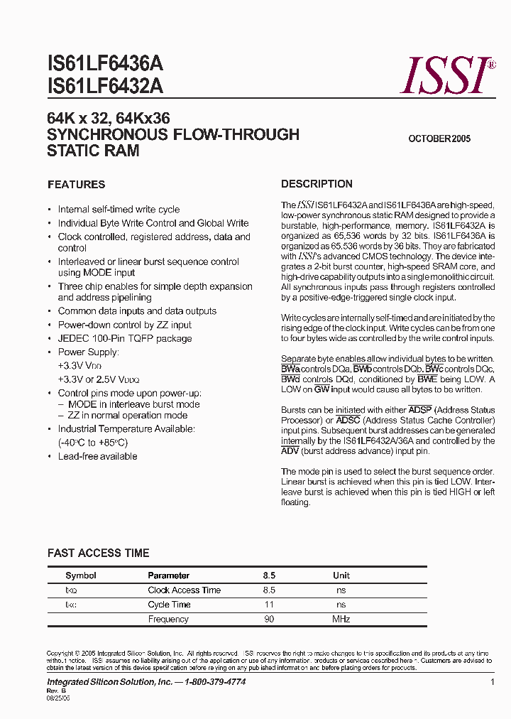 IS61LF6432A-85TQI_691844.PDF Datasheet