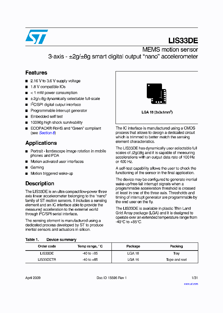 LIS33DETR_724444.PDF Datasheet