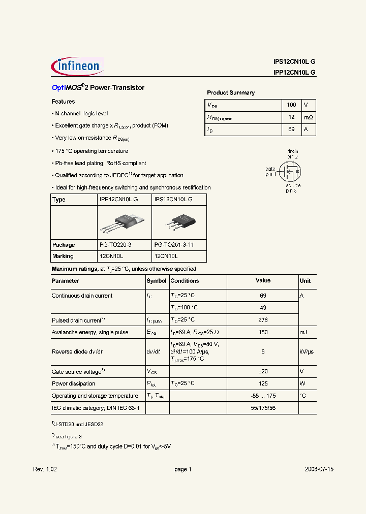 IPP12CN10LG_1199897.PDF Datasheet