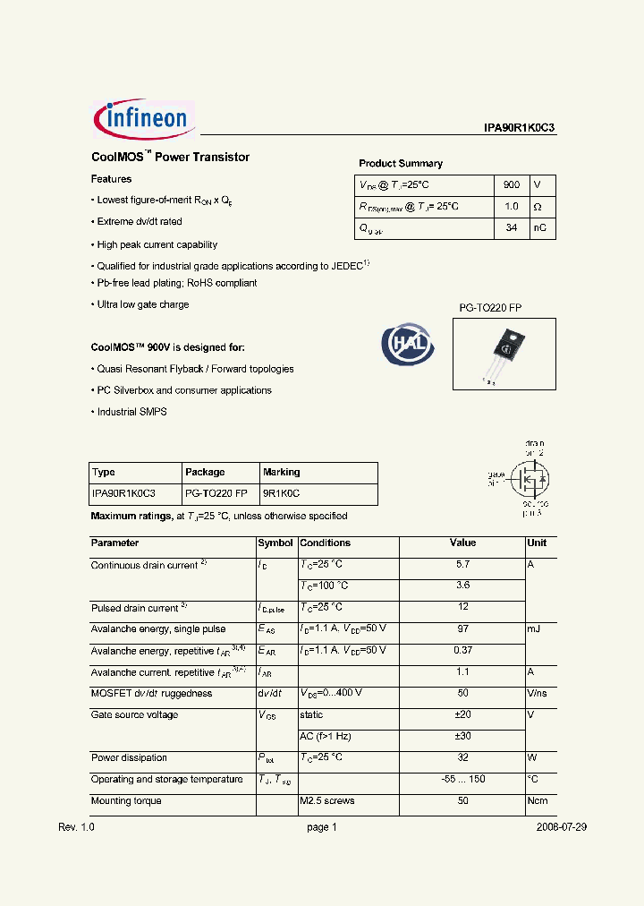 IPA90R1K0C3_1251114.PDF Datasheet