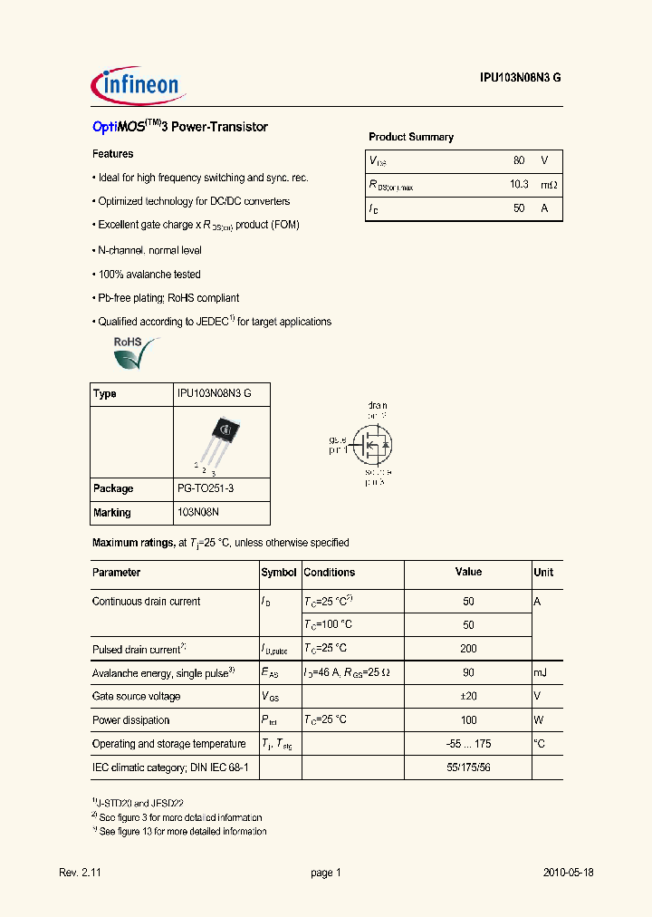 IPU103N08N3G_1316176.PDF Datasheet