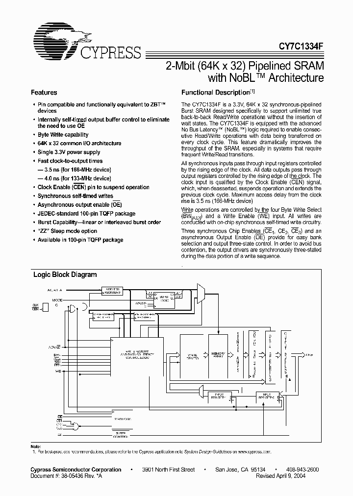 CY7C1334F-133AC_1322778.PDF Datasheet