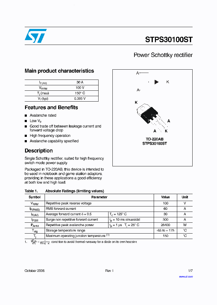 STPS30100ST_1229479.PDF Datasheet