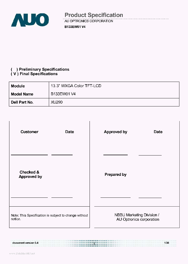 B133EW01-V4_1360951.PDF Datasheet