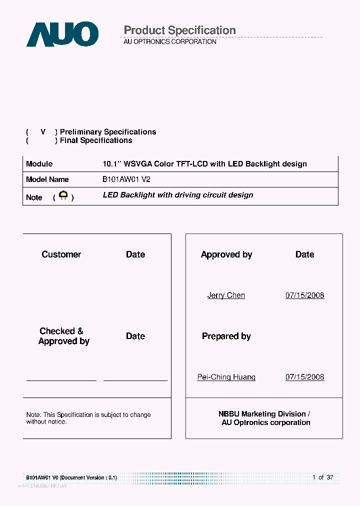 B101AW01-V2_1561045.PDF Datasheet
