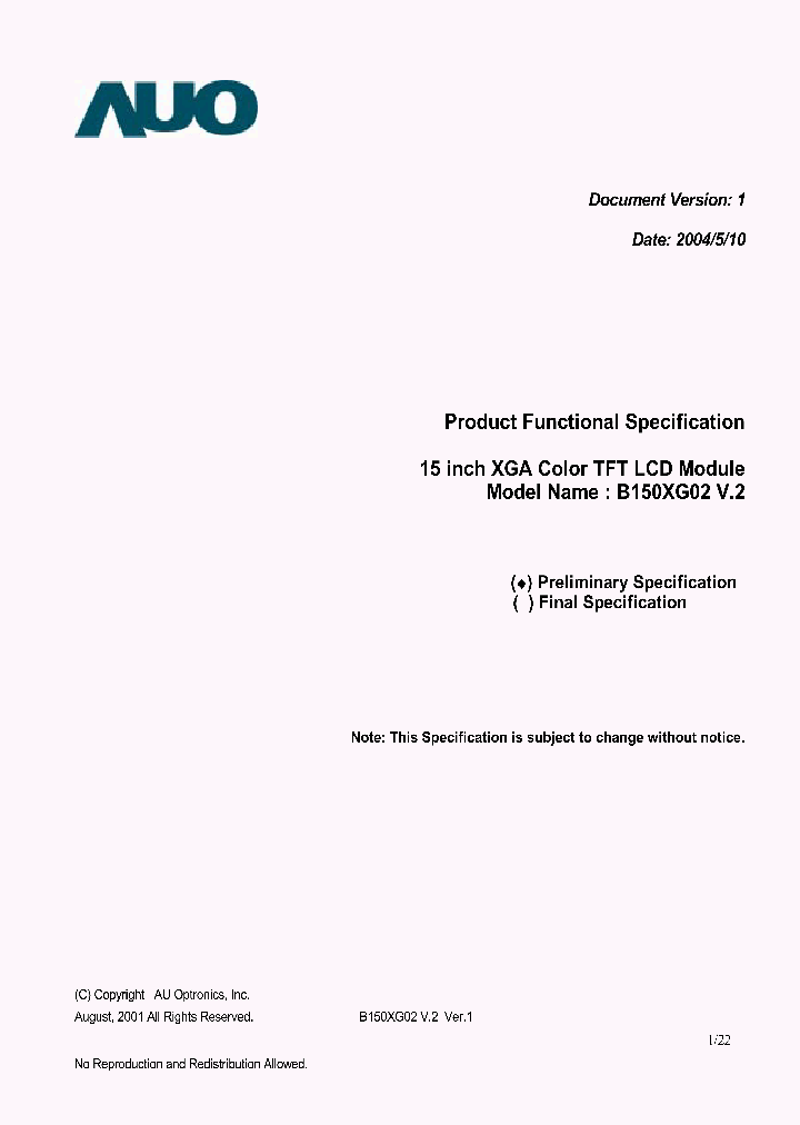 B150XG02V2_1572560.PDF Datasheet